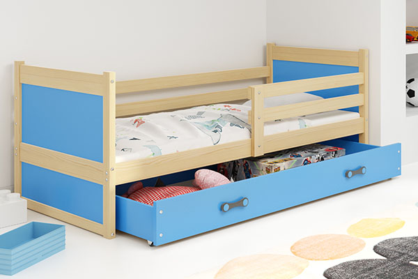 Jugendbett Richard, 80x190, mit Matratze und Schublade, Kiefer/blau
