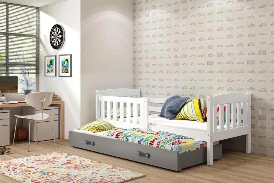Ausziehbett für Jugendliche Jakob, 90x190, mit Matratze und Schublade, weiß/grau