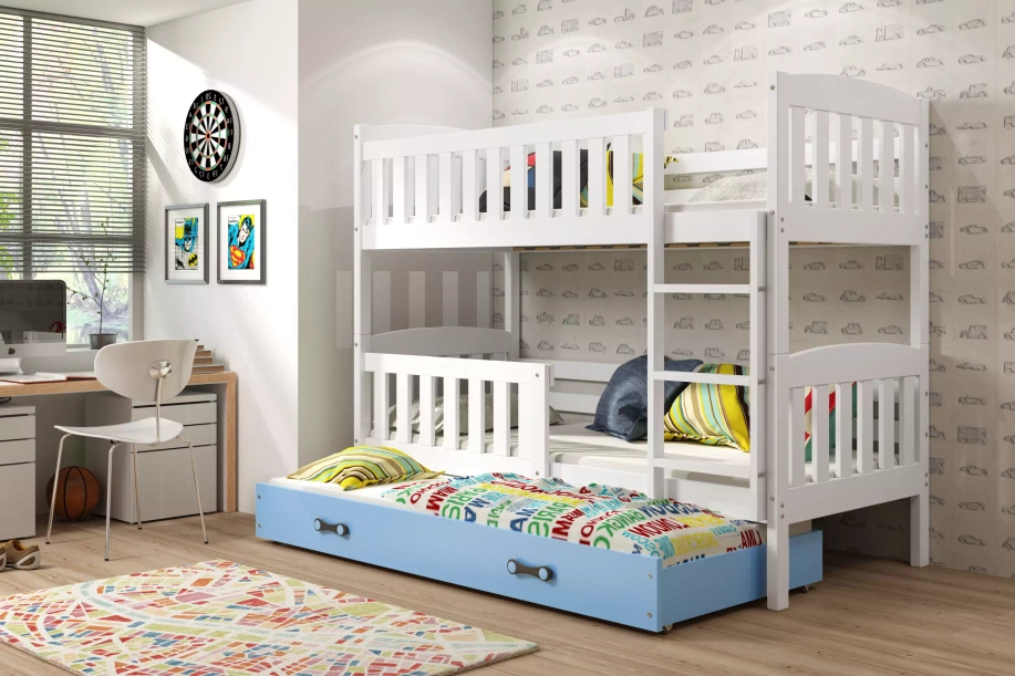 Etagenbett für drei Personen Jakob, 90x190, mit Matratze und Schublade, weiß/blau