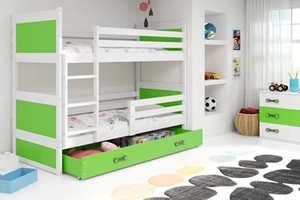 Stockbett für Jugendliche Richard, 90x200, mit Matratze und Schublade, weiß/grün