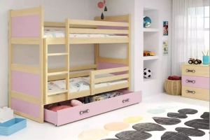 Stockbett für Jugendliche Richard, 90x190, mit Matratze und Schublade, Kiefer/rosa