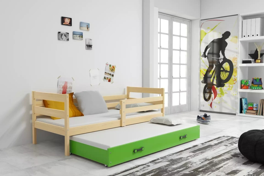 Ausziehbett für Jugendliche Erik, 90x190, mit Schublade, Kiefer/grün