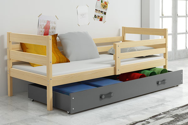Jugendbett Erik, 90x200, grau mit Matratze und Schublade, Kiefer/grau