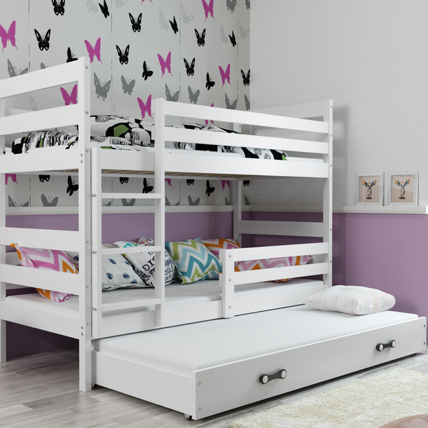 Etagenbett für drei Personen Erik, 90x200, mit Matratze und Schublade, weiß