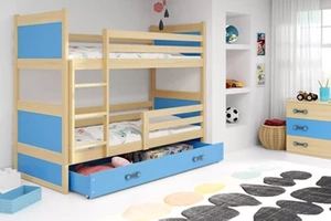 Stockbett für Jugendliche Richard, 90x200, mit Schublade, Kiefer/blau