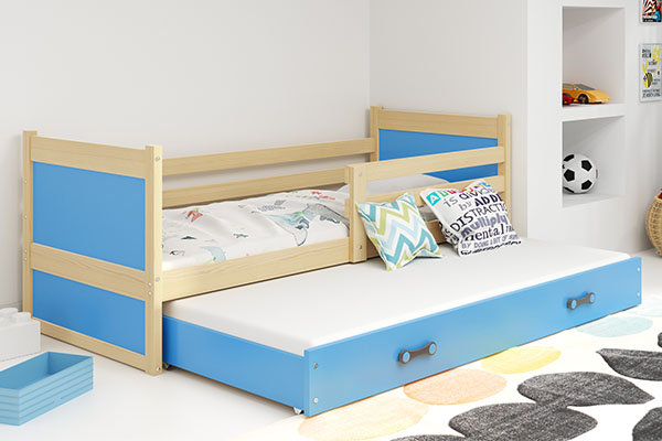 Ausziehbett für Jugendliche Richard, 90x200, mit Schublade, Kiefer/blau