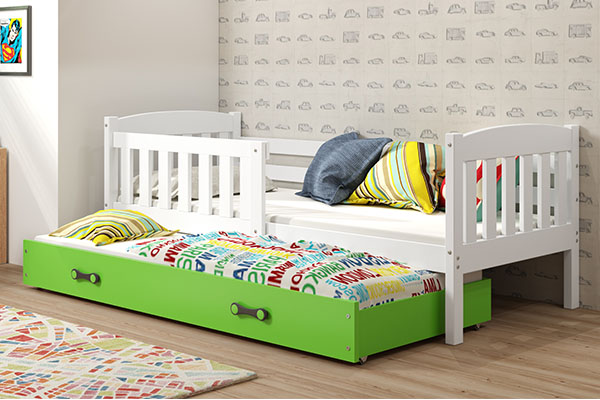 Ausziehbett für Jugendliche Jakob, 80x190, mit Matratze und Schublade, weiß/grün