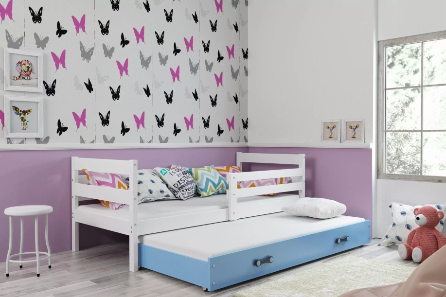 Ausziehbett für Jugendliche Erik, 80x190, mit Matratze und Schublade, weiß/blau