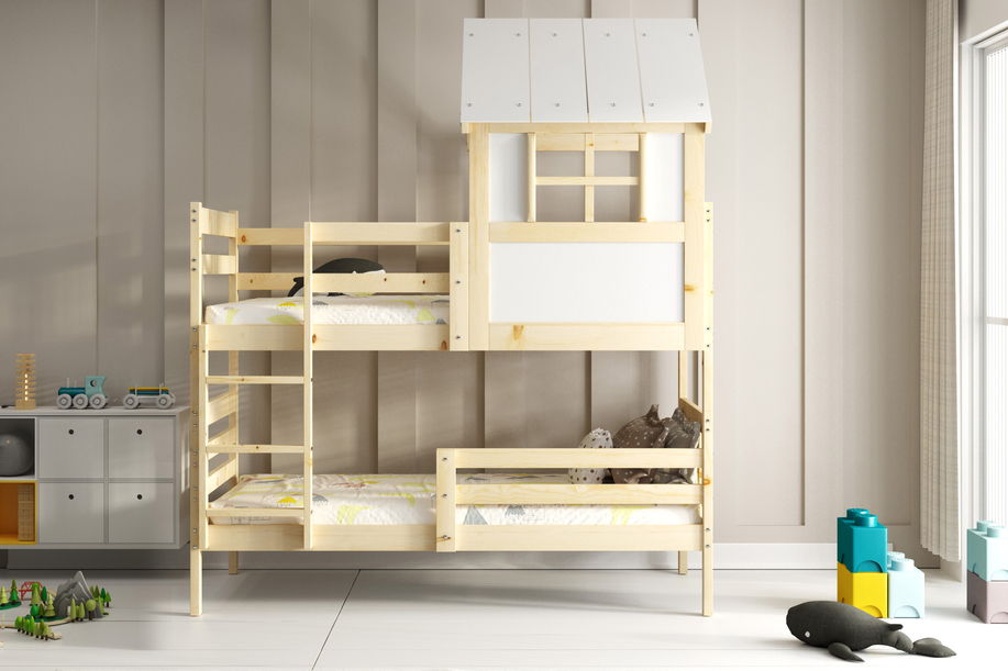 Hochbett in Hausform mit Dach – Erik aus Naturholz 90x190