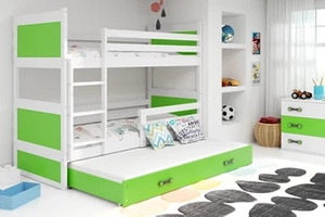 Etagenbett für drei Personen Richard, 90x200, mit Matratze und Schublade, weiß/grün