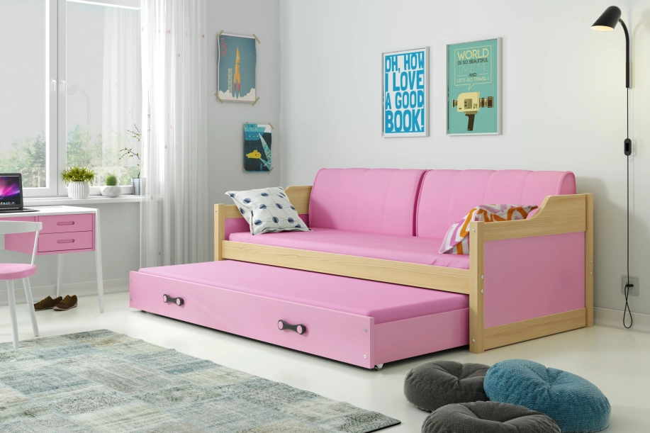 Ausziehbett für Jugendliche David, 90x200, mit Matratze und Schublade, Kiefer/rosa