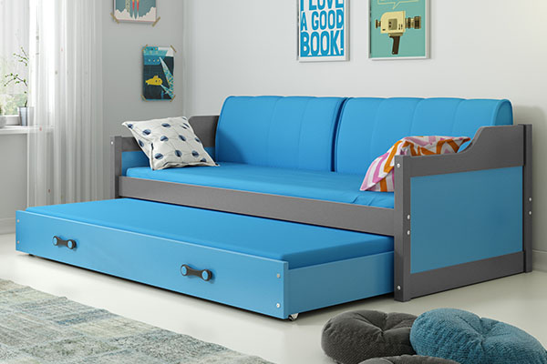 Ausziehbett für Jugendliche David, 90x200, mit Matratze und Schublade, grau/blau