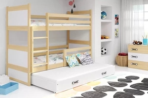 Etagenbett für drei Personen Richard, 90x200, mit Matratze und Schublade, Kiefer/weiß