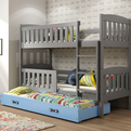 Etagenbett für drei Personen Jakob, 90x190, mit Matratze und Schublade, grau/blau