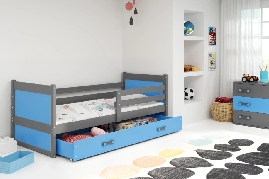 Jugendbett Richard, 90x200, mit Matratze und Schublade, grau/blau