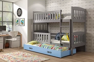 Etagenbett für drei Personen Jakob, 90x190, mit Matratze und Schublade, grau/blau