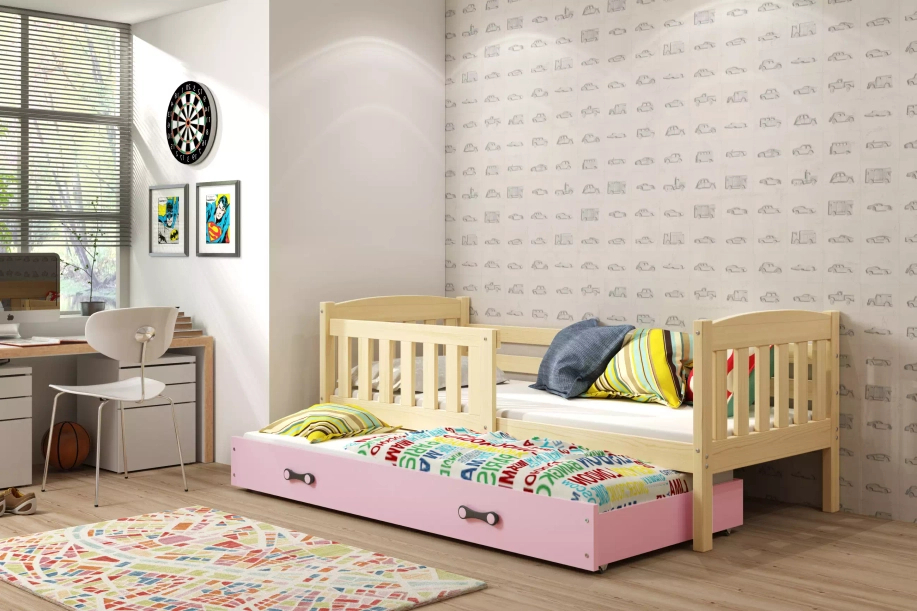 Ausziehbett für Jugendliche Jakob, 80x190, mit Matratze und Schublade, Kiefer/rosa