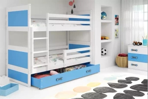 Stockbett für Jugendliche Richard, 90x190, mit Matratze und Schublade, weiß/blau