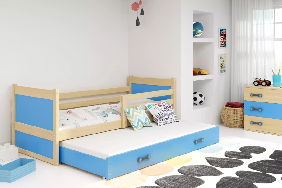 Ausziehbett für Jugendliche Richard, 90x200, mit Schublade, Kiefer/blau