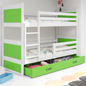 Stockbett für Jugendliche Richard, 90x200, mit Matratze und Schublade, weiß/grün