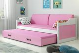 Ausziehbett für Jugendliche David, 90x200, mit Matratze und Schublade, weiß/rosa