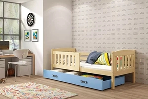 Jugendbett Jakob, 80x190, mit Matratze und Schublade, Kiefer/blau
