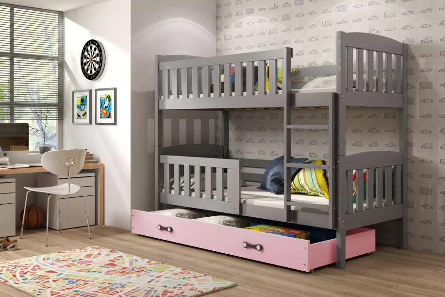 Stockbett für Jugendliche Jakob, 90x190, mit Matratze und Schublade, grau/rosa