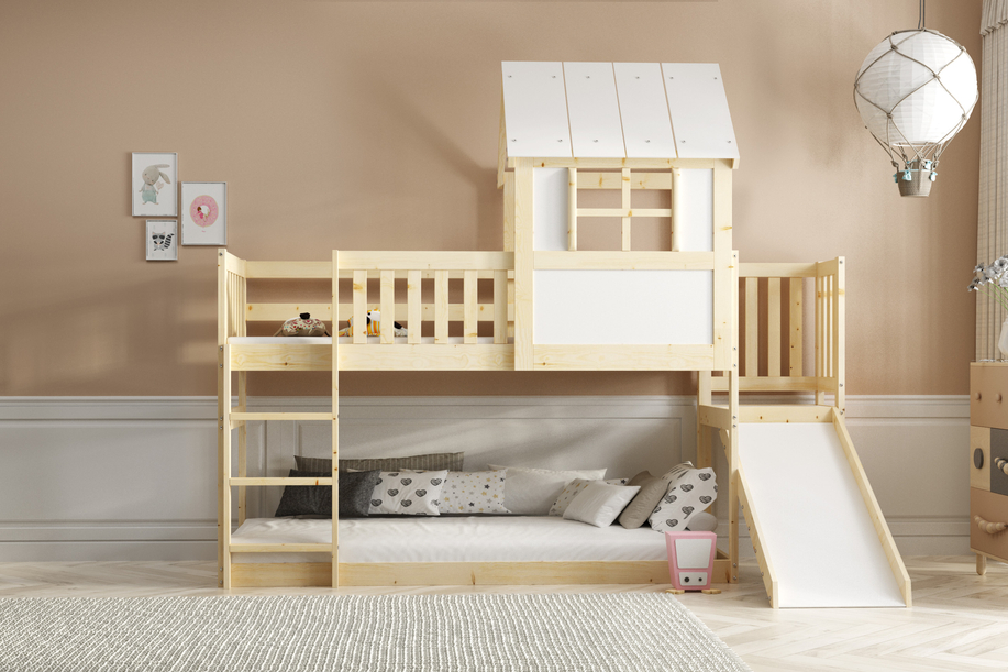 Hochbett mit Rutsche – Haus aus Naturholz 90x200