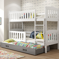 Etagenbett für drei Personen Jakob, 90x190, mit Matratze und Schublade, weiß/grau