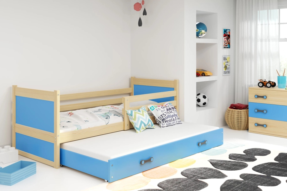 Ausziehbett für Jugendliche Richard, 90x200, mit Matratze und Schublade, Kiefer/blau