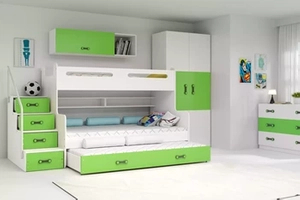 Etagenbett für drei Personen Max 3, 120x200, mit Schublade, grün