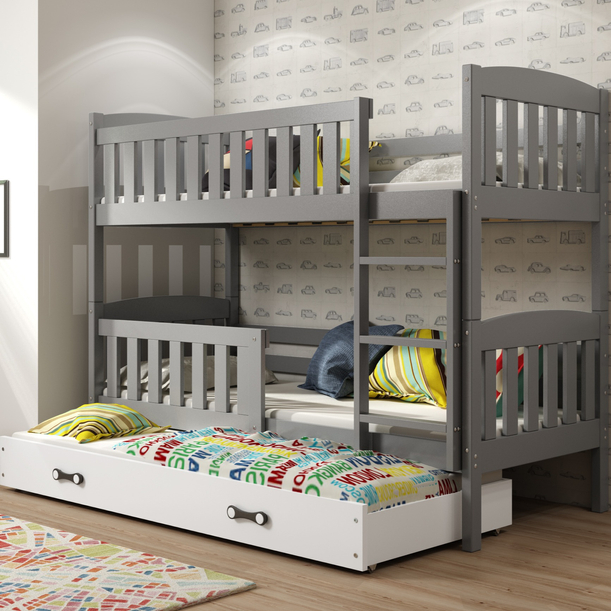 Etagenbett für drei Personen Jakob, 90x190, mit Matratze und Schublade, grau/weiß