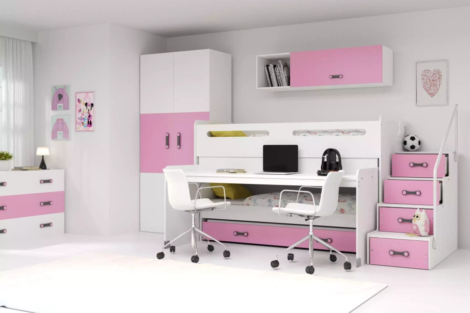 Hochbett für drei Personen Max 1, 80x200, mit Schreibtisch, rosa