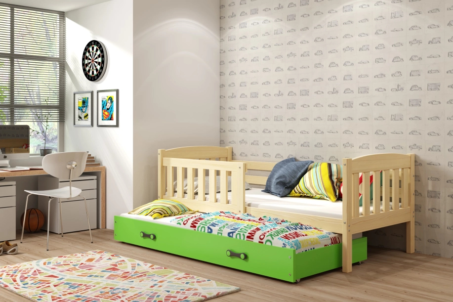 Ausziehbett für Jugendliche Jakob, 80x190, mit Matratze und Schublade, Kiefer/grün