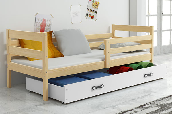 Jugendbett Erik, 80x190, mit Matratze und Schublade, Kiefer/weiß