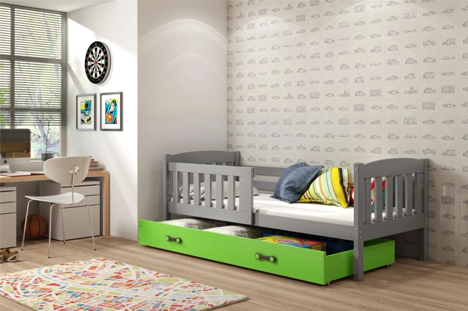 Jugendbett Jakob, 90x190, mit Matratze und Schublade, grau/grün