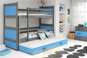 Etagenbett für drei Personen Richard, 90x200, mit Matratze und Schublade, grau/blau