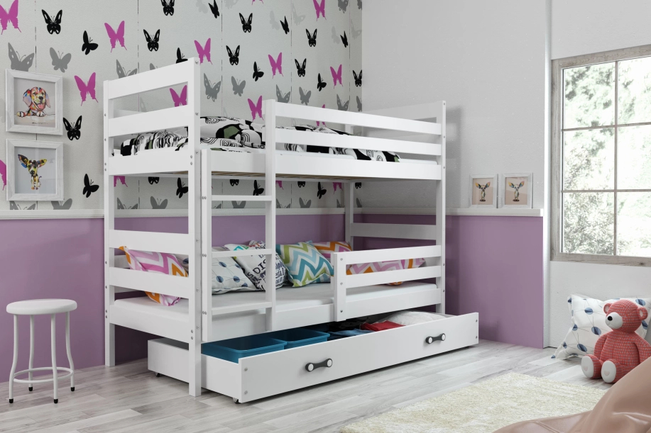 Stockbett für Jugendliche Erik, 90x200, mit Matratze und Schublade, weiß