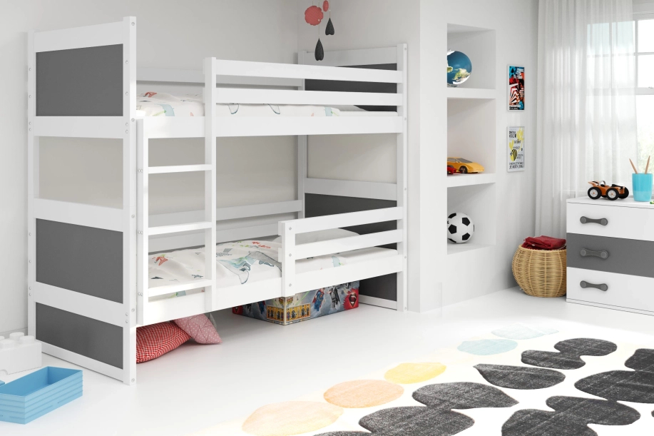 Stockbett für Jugendliche Richard, 90x200, mit Matratze, weiß/grau