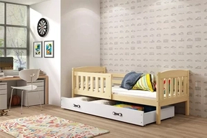 Kinderbett Jakob, 80x160, mit Matratze und Schublade, Kiefer/weiß