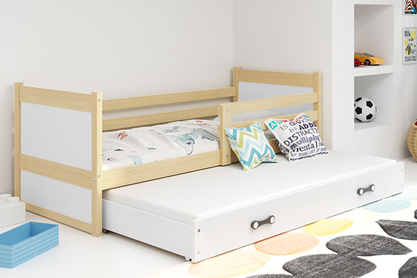 Ausziehbett für Jugendliche Richard, 90x200, mit Matratze und Schublade, Kiefer/weiß