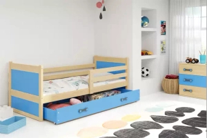 Jugendbett Richard, 90x190, mit Matratze und Schublade, Kiefer/blau