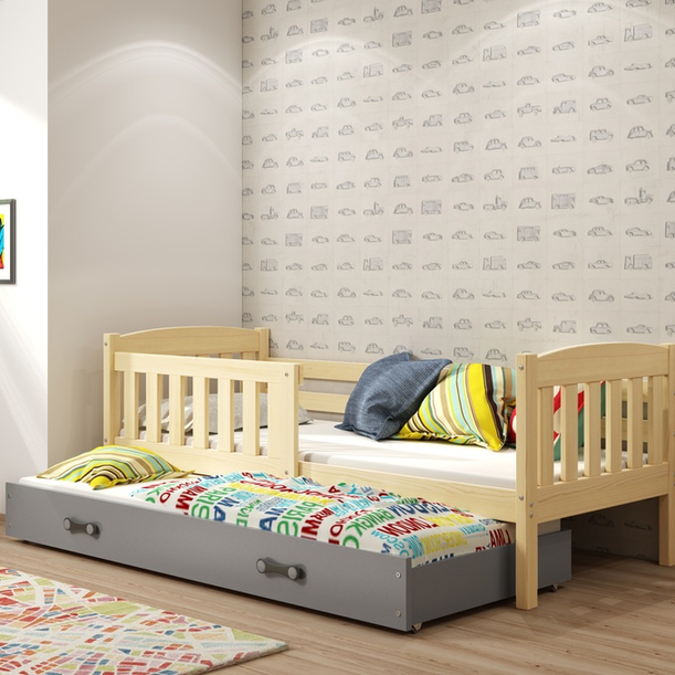 Ausziehbett für Jugendliche Jakob, 90x190, mit Matratze und Schublade, Kiefer/grau