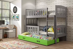 Etagenbett für drei Personen Jakob, 90x190, mit Schublade, grau/grün