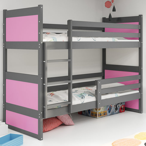 Stockbett für Jugendliche Richard, 90x200, mit Matratze, grau/rosa
