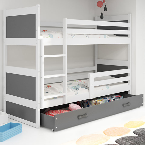 Stockbett für Jugendliche Richard, 90x200, mit Matratze und Schublade, weiß/grau