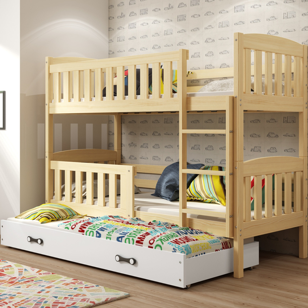 Etagenbett für drei Personen Jakob, 90x200, mit Matratze und Schublade, Kiefer/weiß