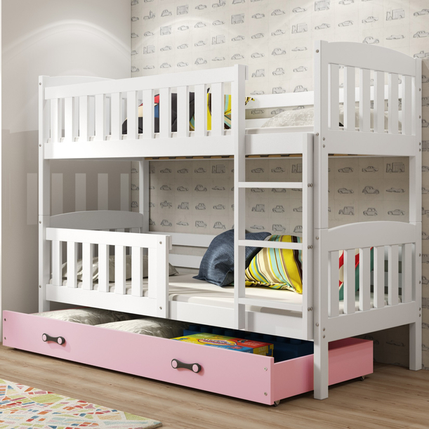 Stockbett für Jugendliche Jakob, 90x200, mit Matratze und Schublade, weiß/rosa