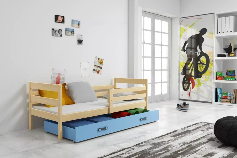 Jugendbett Erik, 90x190, mit Schublade, Kiefer/blau