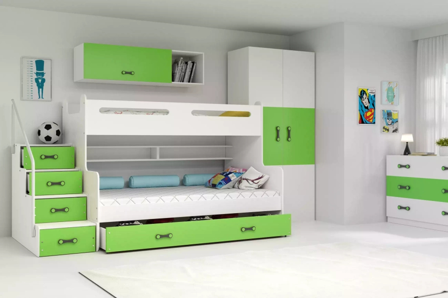 Stockbett für Jugendliche Max 3, 120x200, mit Matratze und Schublade, grün